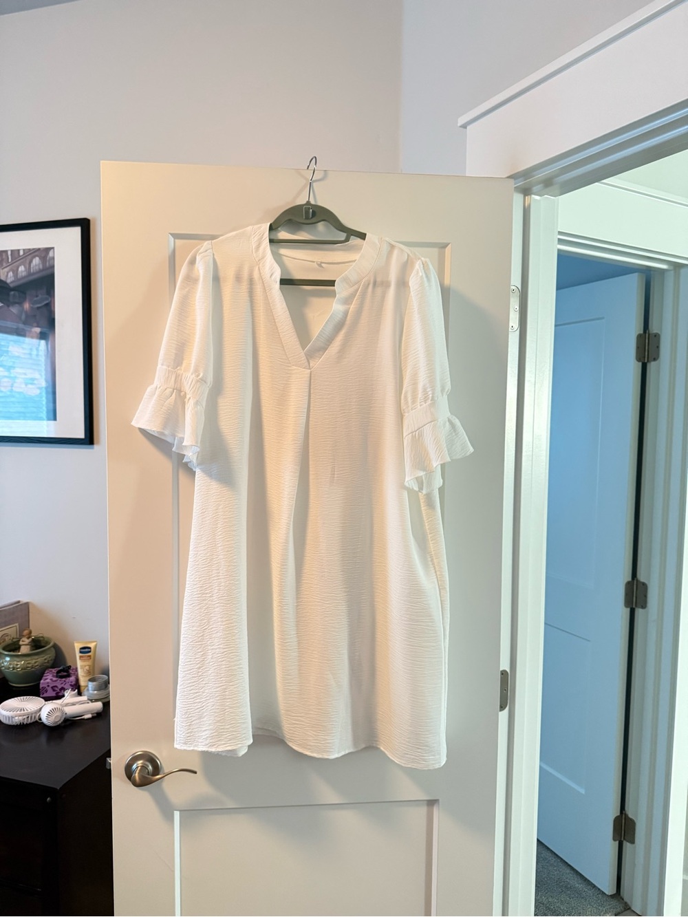 Amazon White V-Neck Ruffle Sleeve Tunic Dress